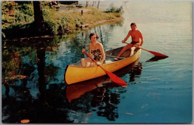 1950s LAKE LUZERNE New York Postcard "HIDDEN VALLEY" Couple in Canoe Unused