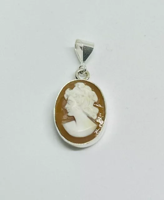 Gorgeous Vintage Real Carved Shell Cameo Pendant 925 Solid Silver #16531