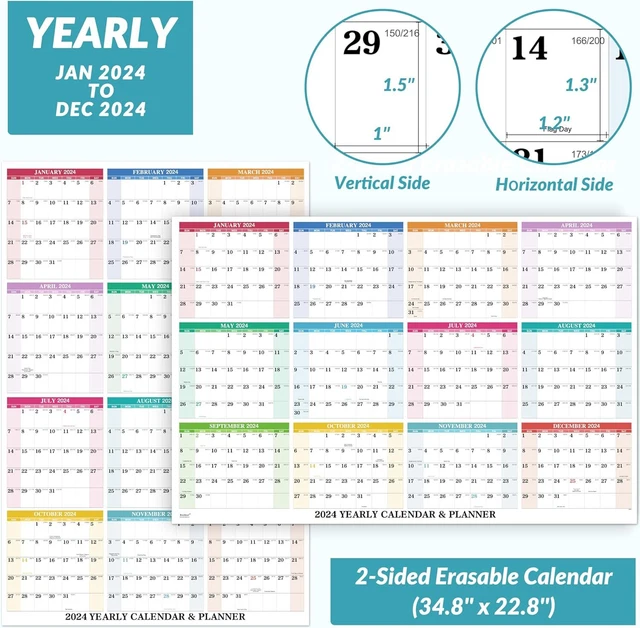 2024 YEARLY WALL Calendar Dry Erase 2024, Erasable multicolored 19.