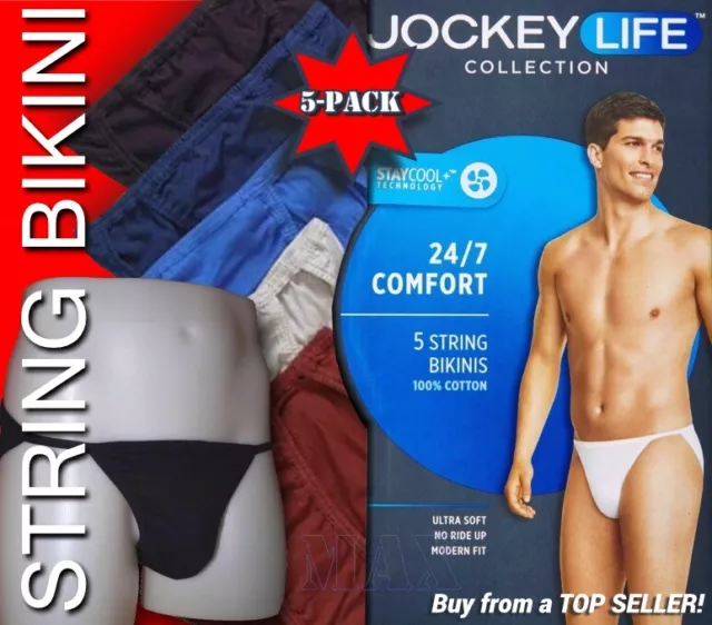 5 PACK MED LIFE JOCKEY MEN'S STRING BIKINI BRIEF UNDERWEAR, Cotton