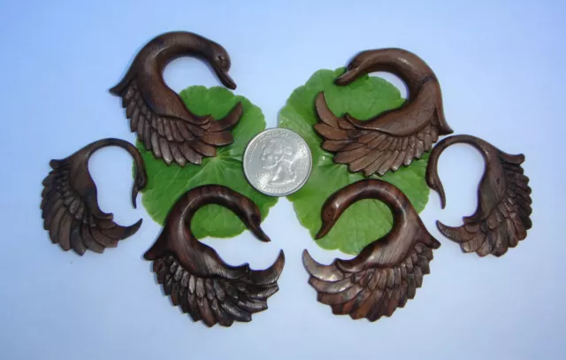 Pair Carved Organic Tribal Feather Wing Swan Sono Wood Spirals Ear Plugs Gauges 2