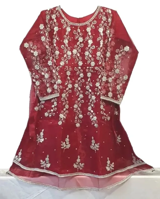 Girls Asian Indian Pakistani Fancy Eid Wedding Party Dress Red size 26 5-6 Yr