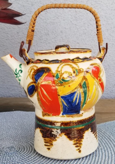 Vtg. Ceramic Pottery 1940'S Occupied Japan Japanese Tea Pot With Bamboo Handle