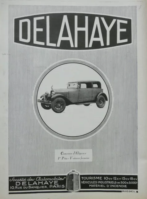 1926 DELAHAYA AUTOMOBILES PRESS ADVERTISEMENT COMPETITION OF ELEGANCE 1st PRIZE