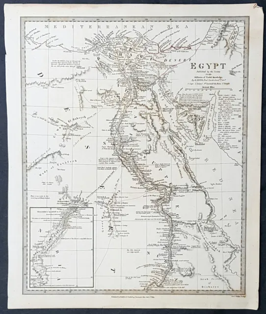 1831 SDUK Large Antique Map of Egypt, The Nile, Nubia