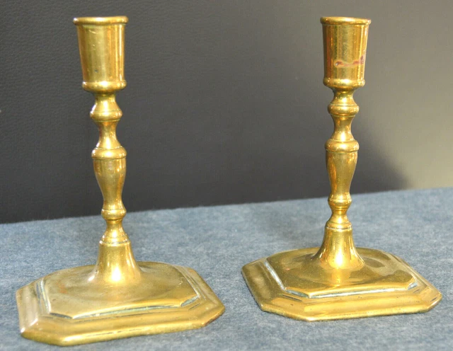Fine Pair Early 18Th Century Brass Cut Corner Square Base Candlesticks C 1700