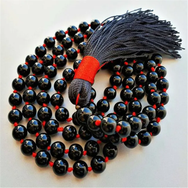 6mm black agate Gemstone knot tassel 108 beads Mala bracelet Wrist Spirituality