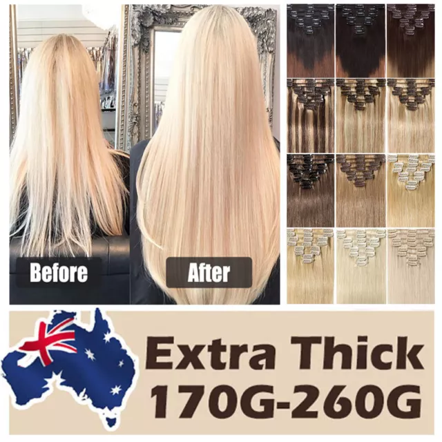 Mega Thick Clip In/On Real Remy Human Hair Extensions Full Head 260g Blonde Long