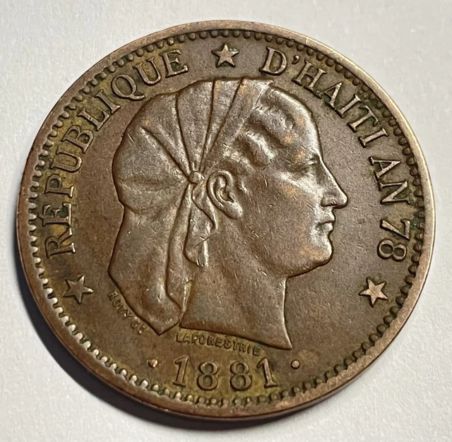 Rare 1881 Haiti 2 Centimes Coin- KM#43