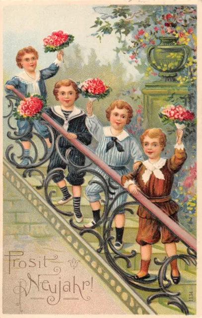 AK Litho. Prägekarte Prosit Neujahr! Kinder mit Blumen Jugendstil 1908