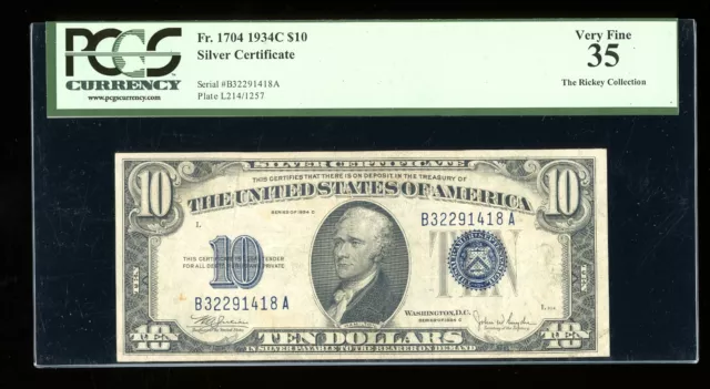 DBR 1934-C $10 Silver Fr. 1704 PCGS 35 Serial B32291418A