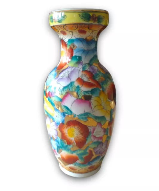 Vintage Oriental Hand Painted Vase Multicolor Floral Design 10" x 4"