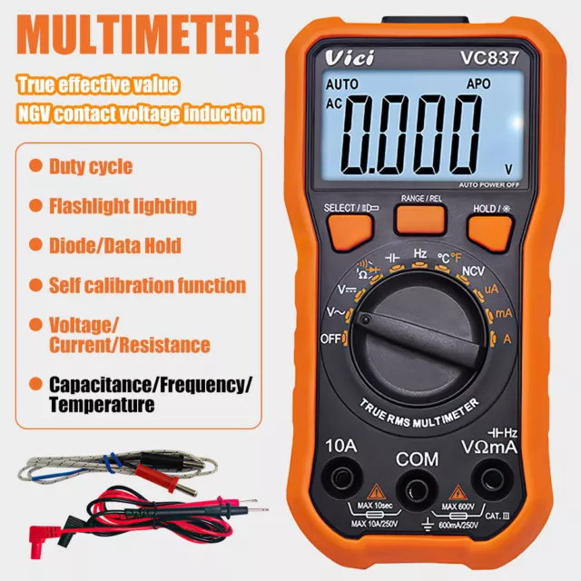 Digital Multimeter TRMS Auto Ranging AC/DC Voltage Current OHM NVC Meter Tester