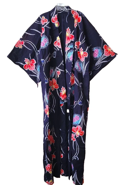 Vintage Japanese Yukata Kimono Women's Navy Indigo Blue Red Purple Floral Iris
