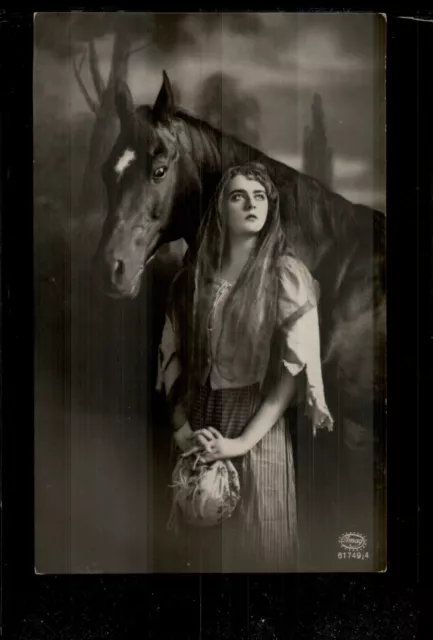 Postcard woman horse, photo, small format