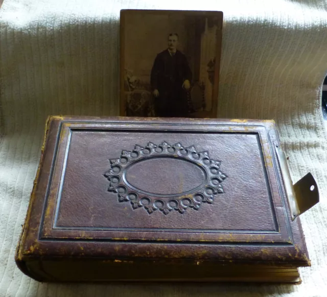 Antique Victorian Leather Bound Photograph Album Metal Clasp 67 Photos History !