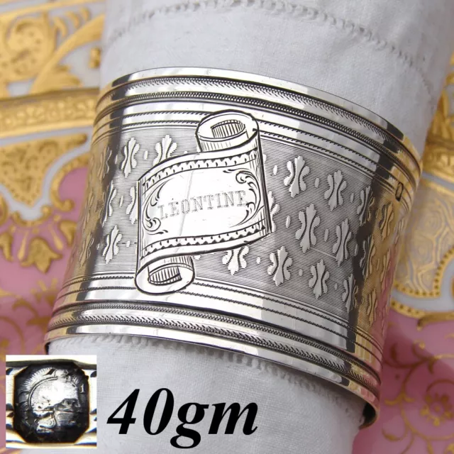 Antique French Sterling Silver Napkin Ring, Guilloche Style, Banner "Leontine"