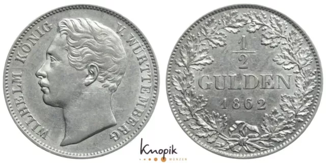 Württemberg, Wilhelm I., 1/2 Gulden 1862, Jaeger 69, 5,27g., ss-vz