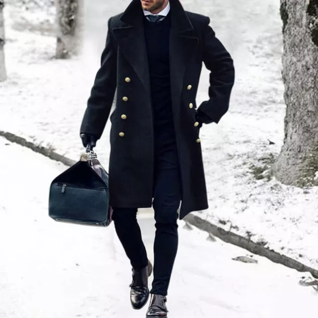 Men Woolen Long Jacket Trench Coat Double Breasted Overcoat Warm Outwear Winter 2
