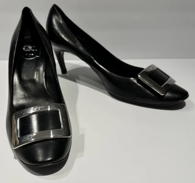 ROGER VIVIER Black Leather TROMPETTE BUCKLE  Medium Mid Heel Pumps Shoes Logo 12