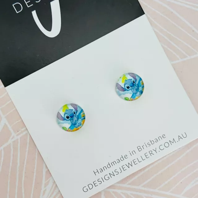 Mini Stud Earrings - Glass Dome - 'Stitch' - Lilo & Stitch - Kids/Girls - Stu...