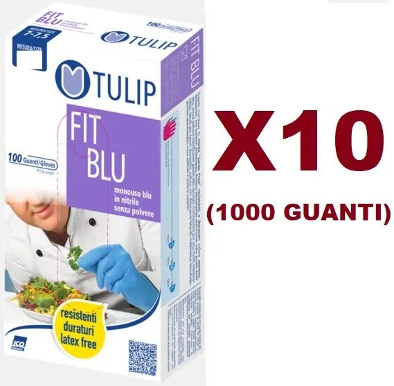 1000 Guanti Monouso In Nitrile Tulip Fit Blu L 8/8,5 Senza Polvere