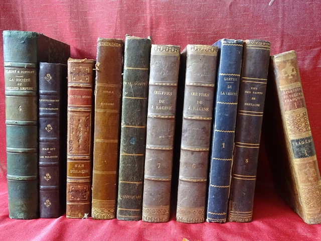 Lot 10 livres reliés dos cuir surtout histoire, théâtre et littérature XIXe