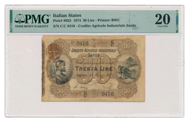ITALIAN STATES (CREDITO AGRICOLO INDUSTRIALE SARDO) banknote 30 Lire 1874