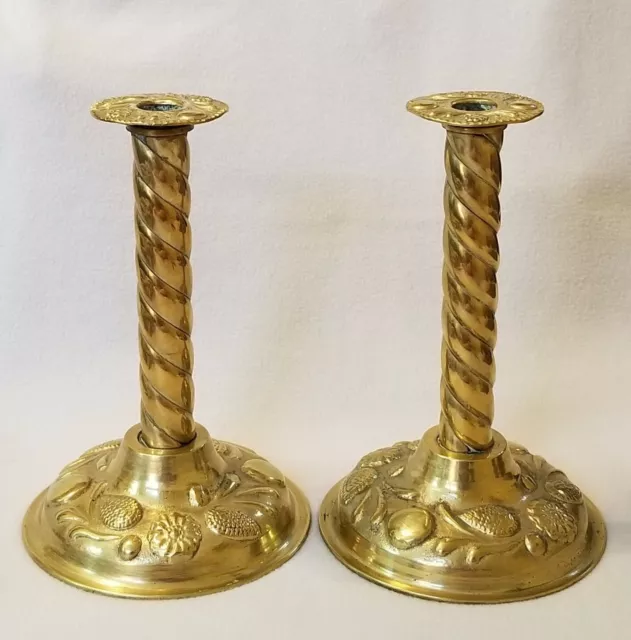 Pair 19th Century Brass Barley Twist Seamed Candlesticks Spun Cast Base 10-1/4"