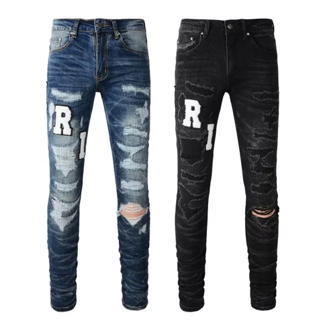 Men's Punk Knee Ripped Letter Villus Patchwork Stretch Skinny Fit Denim Jeans