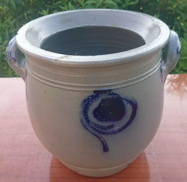 Ancien Pot à Sel / Condiments en Grès Vernissé Gris Motifs Bleu Cobalt