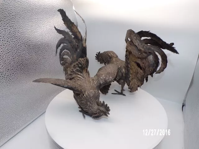 PAIR OF ANTIQUE ITALIAN CONTINENTAL 800 SILVER FIGHTING COCKS Ca 20th Century