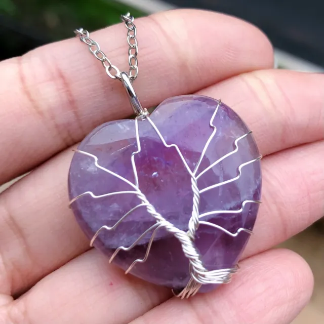 Amethyst Gem stone Tree of life Necklace Heart Chakra Reiki Healing Amulet
