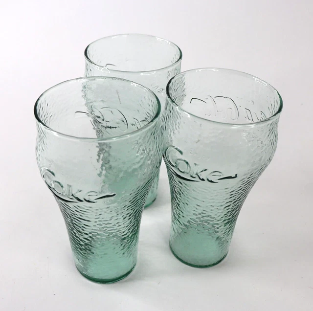 Lot of 3 - Vintage Coca-Cola Drinking Glasses Green Textured Pebble 6inches tall