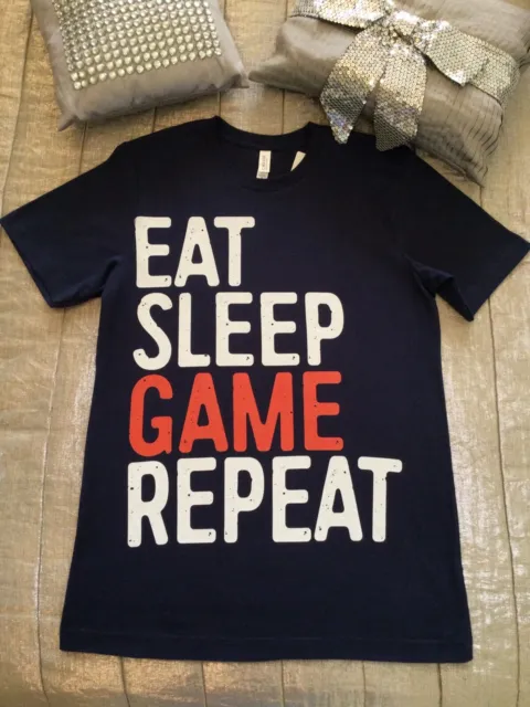BELLA CANVAS Gamers T Shirt M Navy Top Switch XBox PS Wii EAT SLEEP GAME REPEAT 8