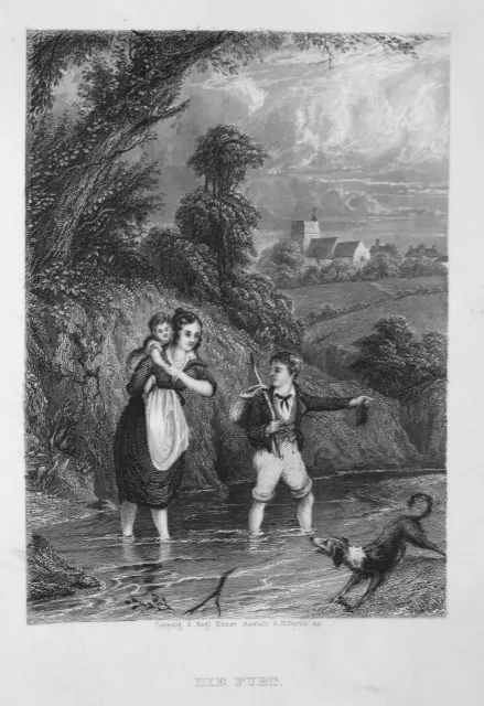 1850 Fluss river Frau woman Kinder children Hund dog Stahlstich steel engraving