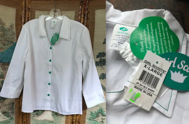 Nwt New Girl Scouts Uniform Shirt Junior 3/4 Sleeved White Green Buttons Xl Usa
