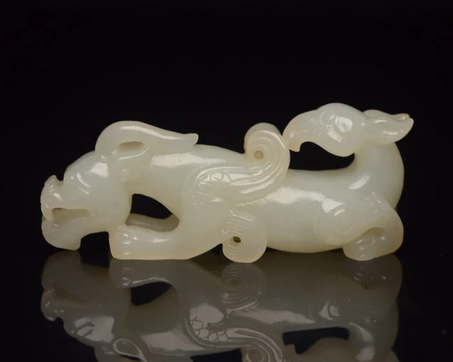Chinese Hand-carved Natural Hetian Jade Nephrite Statue with Beast carving