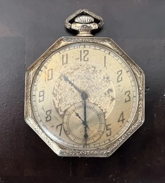 Vintage Elgin 10k White Gold Filled Ornate Octagon Engraved Pocket Watch L@@K