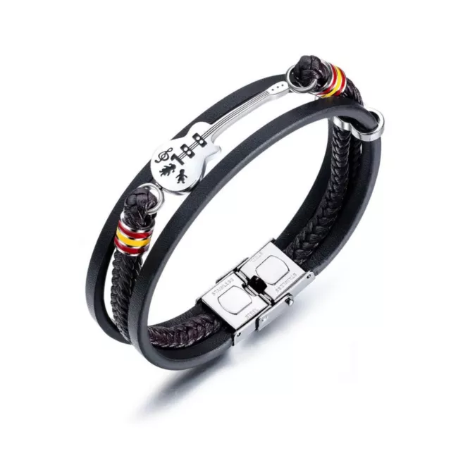 Men's Ladies Stainless Steel Guitar Braided Leather Surfer Bracelet Wristband