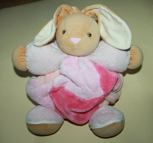 DOUDOU KALOO LAPIN PLUME ROSE ORANGE BOULE GRELOT 30 CM en exc état pas servi GM
