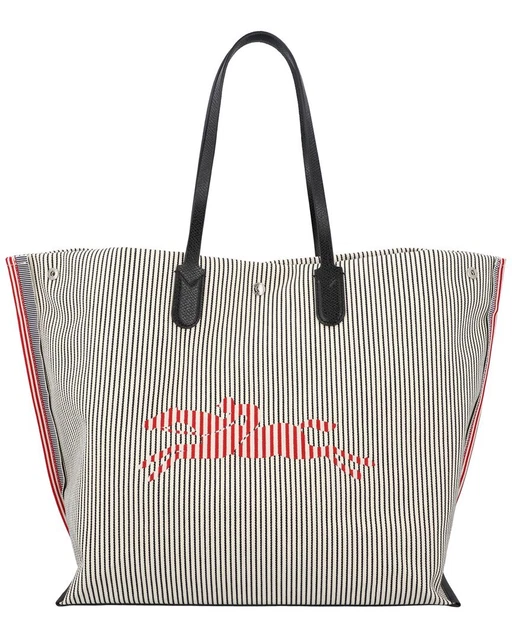 Longchamp Roseau Essential Rayé Large Shopper Canvas Tote Bag ~NIP~ Navy