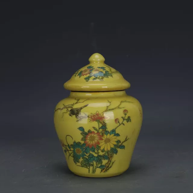 Chinese Yellow Famille Rose Porcelain Jar Birds Flowers Pot Tea Caddy 5.52 inch