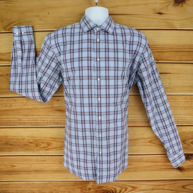 Calibrate Dress Shirt Trim Fit Mens Sz 16.5x36/37 Blue Plaid Cotton Point Collar