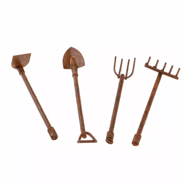 1:12 Dolls House Miniature Metal Gardening Spade Rake Shovel Hoe Fairy Tools
