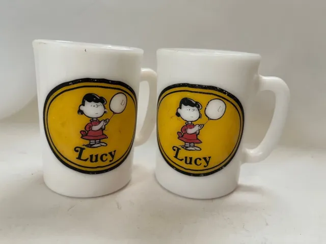 LOT of 2  vintage AVON milk glass CHILD mugs Snoopy LUCY Charlie Brown 1969