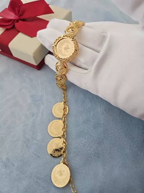 24kt Gold Plated Coin Bracelet DUBAI Bangle INDIAN AFRICAN Jewelry Lira Coin