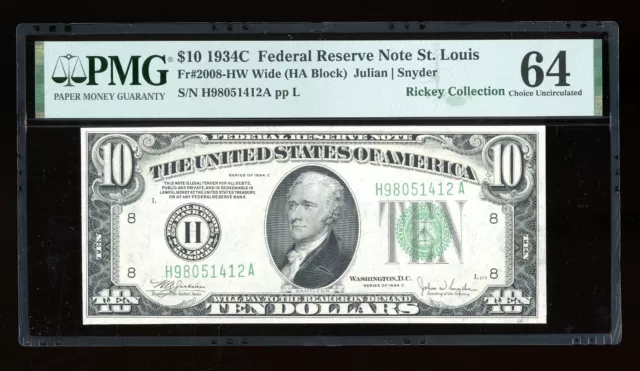 DBR 1934-C $10 FRN Wide St. Louis Fr. 2008-Hw PMG 64 Serial H98051412A
