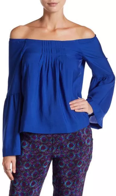 Nanette Lepore Let it Rock Pleated off the shoulder blouse sz 10 blue shirt top