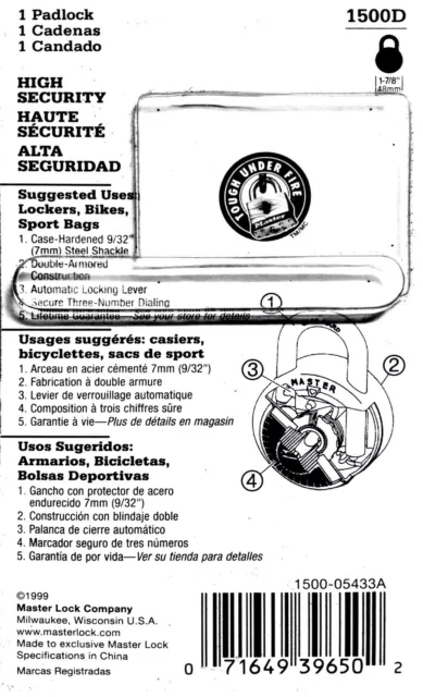 Cadenas combiné noir Master Lock - 1500D neuf dans son emballage 2